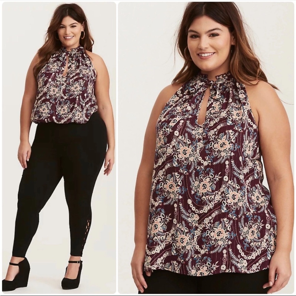 Torrid Floral Print Tank Top Lurex Gauze Goddess Neck Boho Plus 2 2X